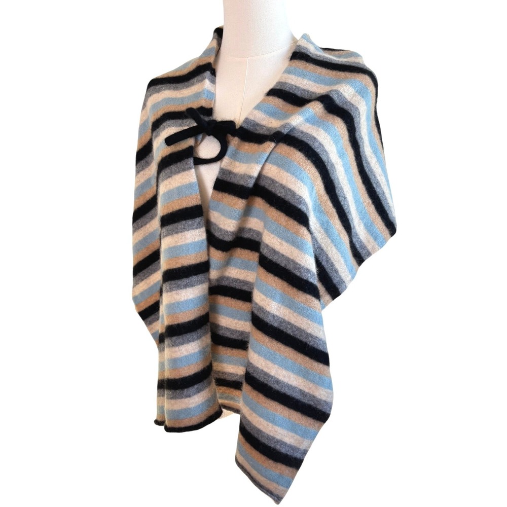Cashmere - Subtle Luxury 100%‎ Cashmere Striped Wrap Poncho Scarf Blue Tan Black